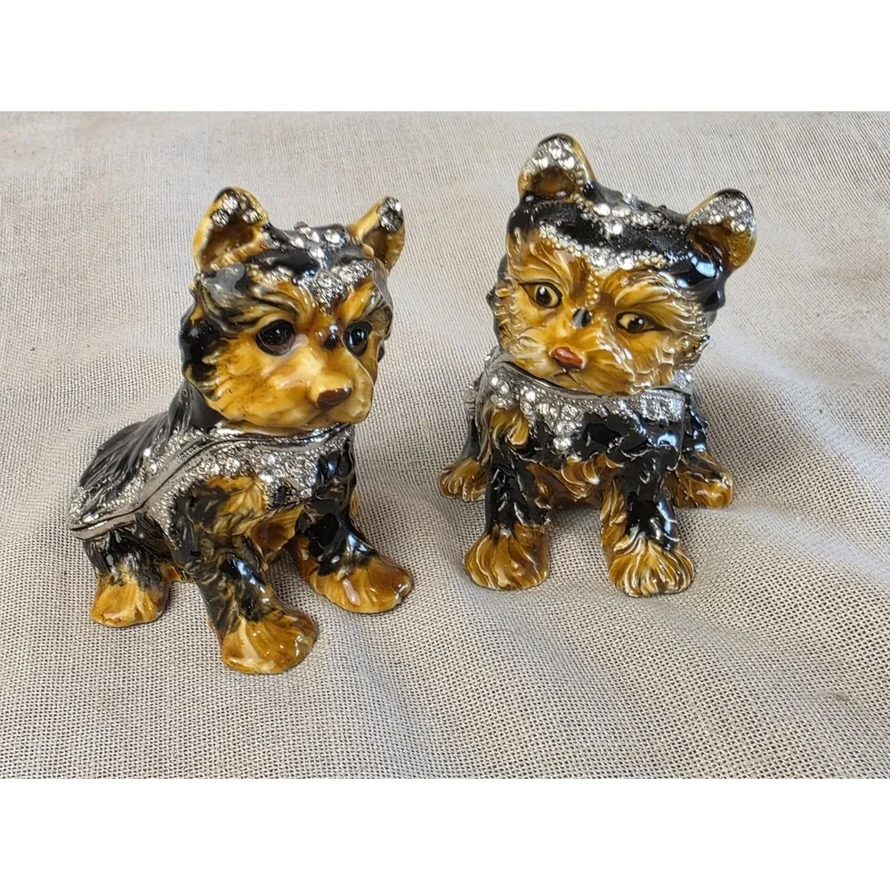 Vintage Yorkie Bejeweled Enamel Fabrege Style Hinged Trinket Boxes Perfect!